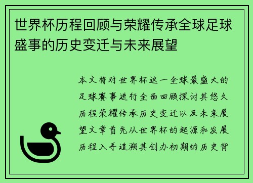 世界杯历程回顾与荣耀传承全球足球盛事的历史变迁与未来展望