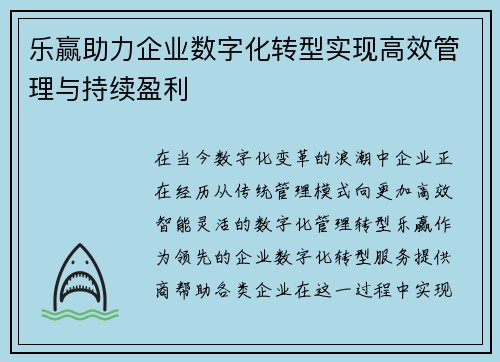乐赢助力企业数字化转型实现高效管理与持续盈利