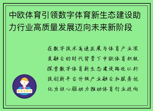 中欧体育引领数字体育新生态建设助力行业高质量发展迈向未来新阶段 中欧体育引领数字体育新生态建设助力行业高质量发展迈向未来新阶段